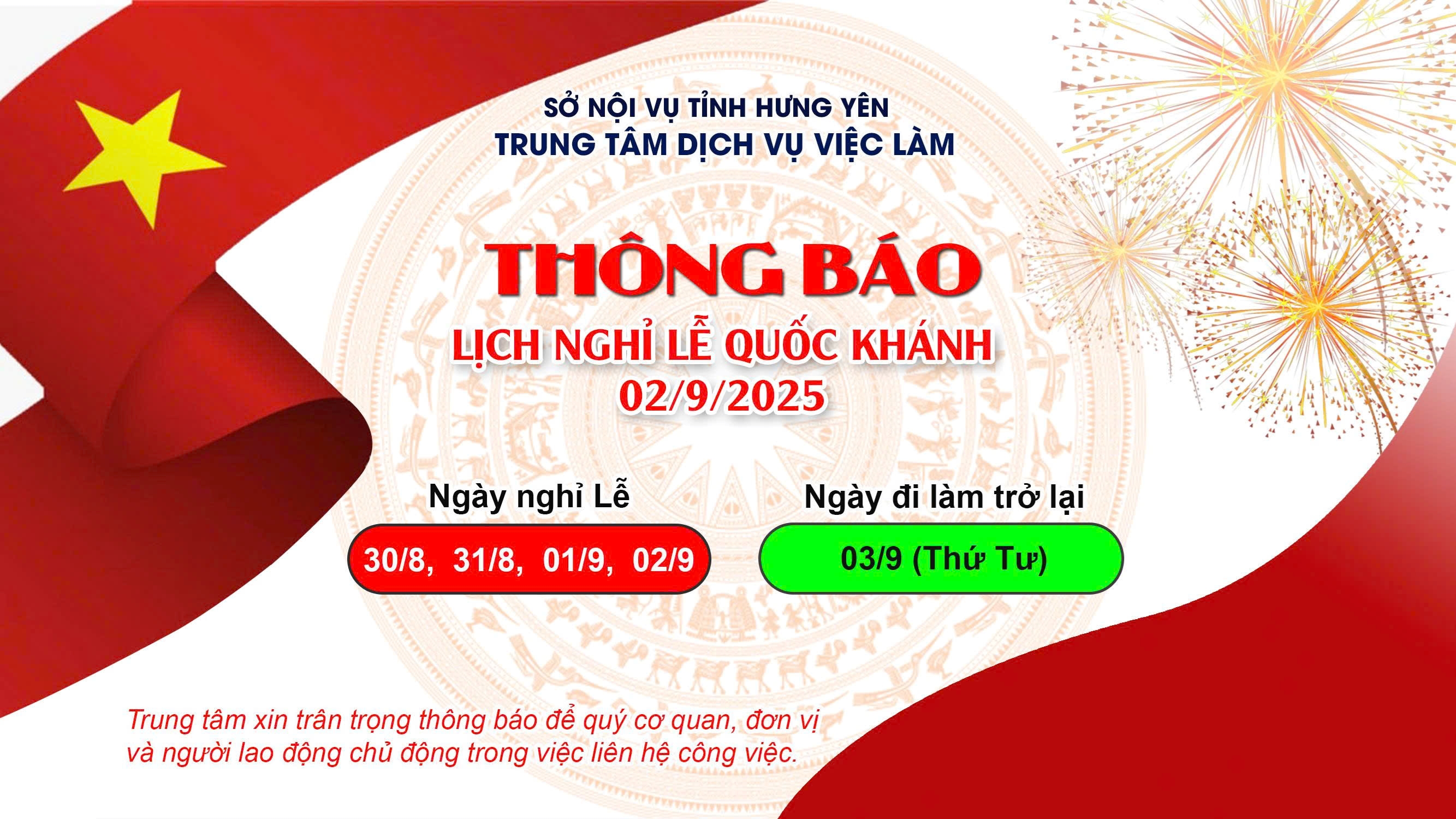 Thông báo nghỉ lễ Quốc khánh 02 9 2025